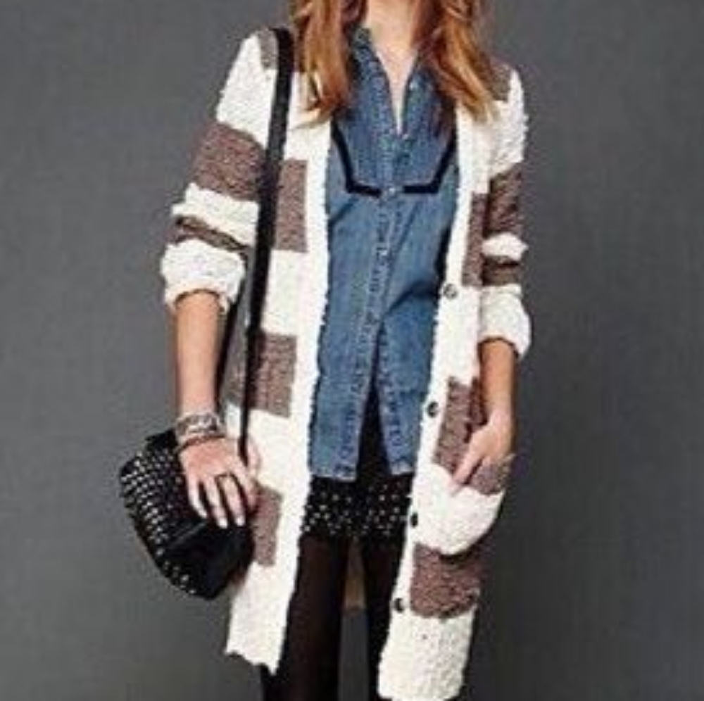 Free People Rugby Chunky Knit long Cardigan Sweater Size S Striped